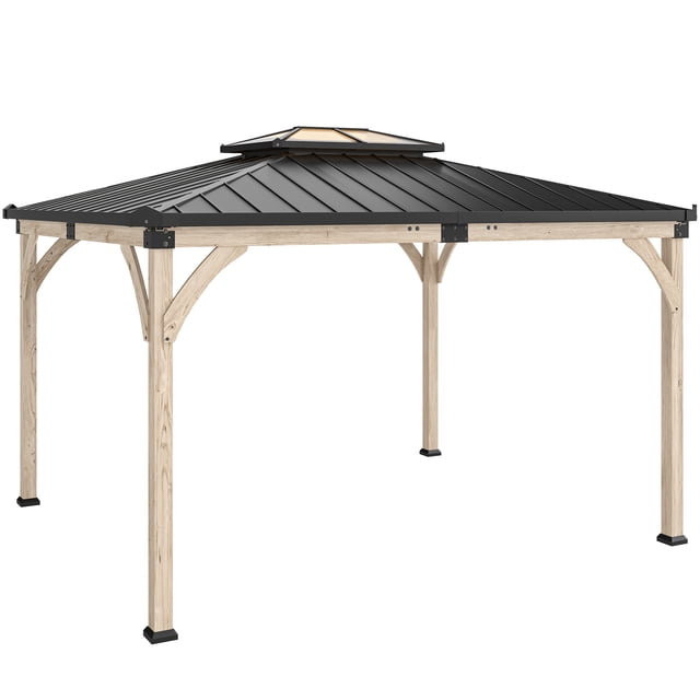Outsunny Auvent de Gazebo en Bois à Toit Rigide 12 Pieds x 14 Pieds, Gazebo Extérieur à Double Toit Vue avant Centrée d'Un Gazebo en Noyer Clair 12 Pieds x 14 Pieds avec Toit Rigide en Métal Galvanisé à Double Niveau, Colonnes en Bois de Sapin, Gouttière Intégrée et Crochet de Plafond; Comprend des Piquets de Sol, Conçu pour des Repas Ou des Événements Extérieurs Ventilés.