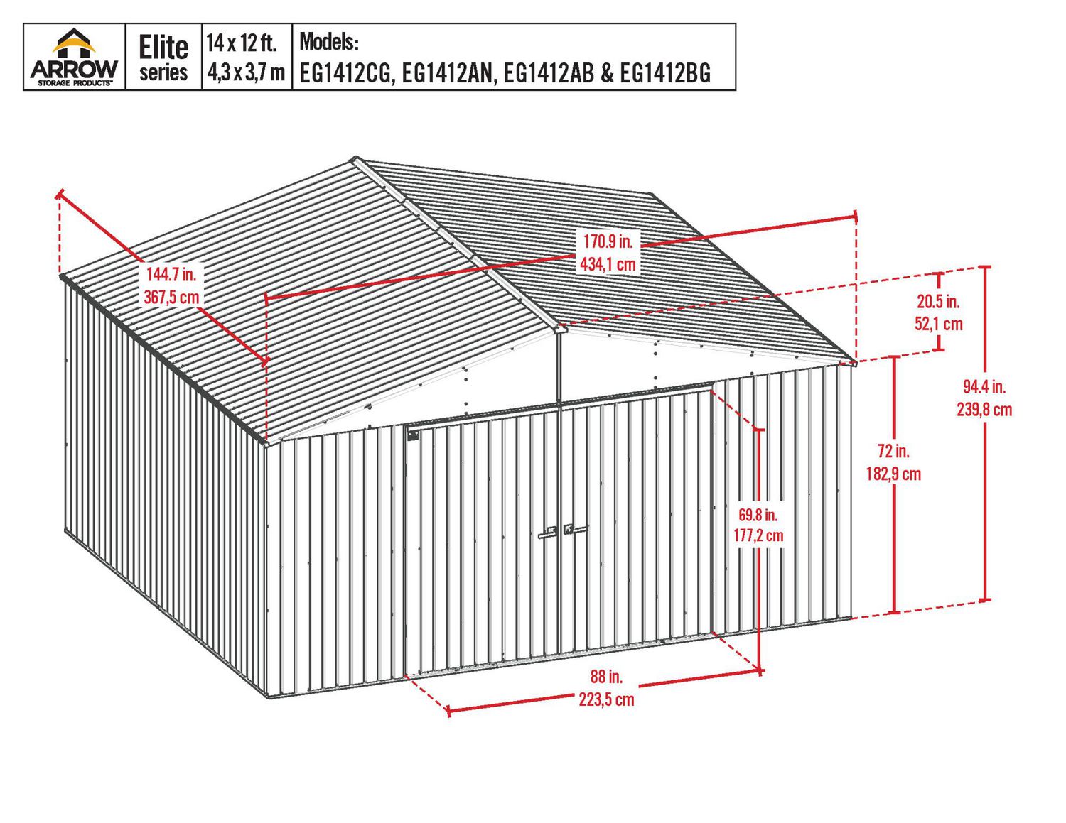 Abri de rangement en acier Arrow Elite, 14 x 12 pi, Gris Froid