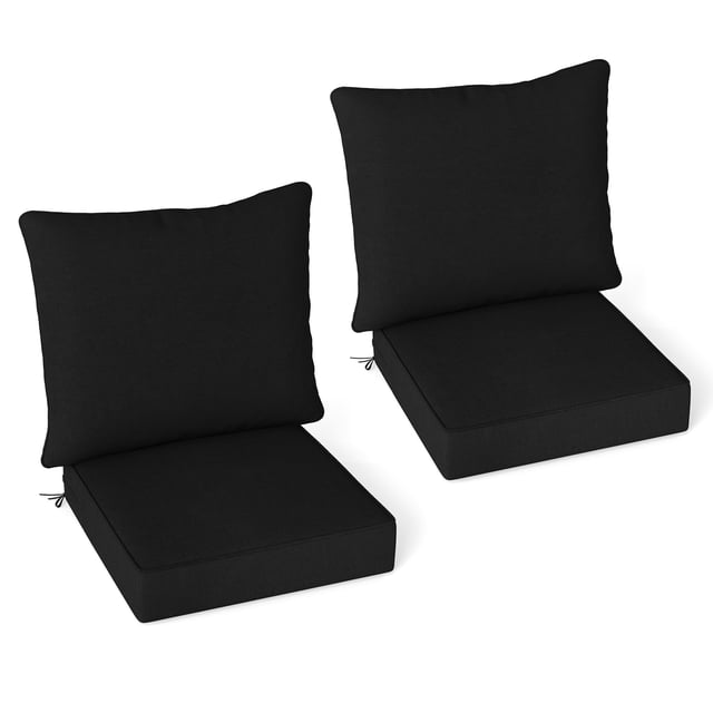 Gymax 2PCS Deep Seat Chair Cushion Pads Set in black, designed for indoor and outdoor use. The set includes two seat cushions measuring 25'' x 25'' x 6'' and two back cushions measuring 31.5'' x 25.5'' x 7''. Made from durable polyester fabric with high-resilience cotton filling, these cushions are waterproof, sun-proof, and feature rope belts for secure attachment. Ideal for patio furniture such as wicker, aluminum, or iron chairs. The removable covers with smooth zippers allow for easy cleaning.