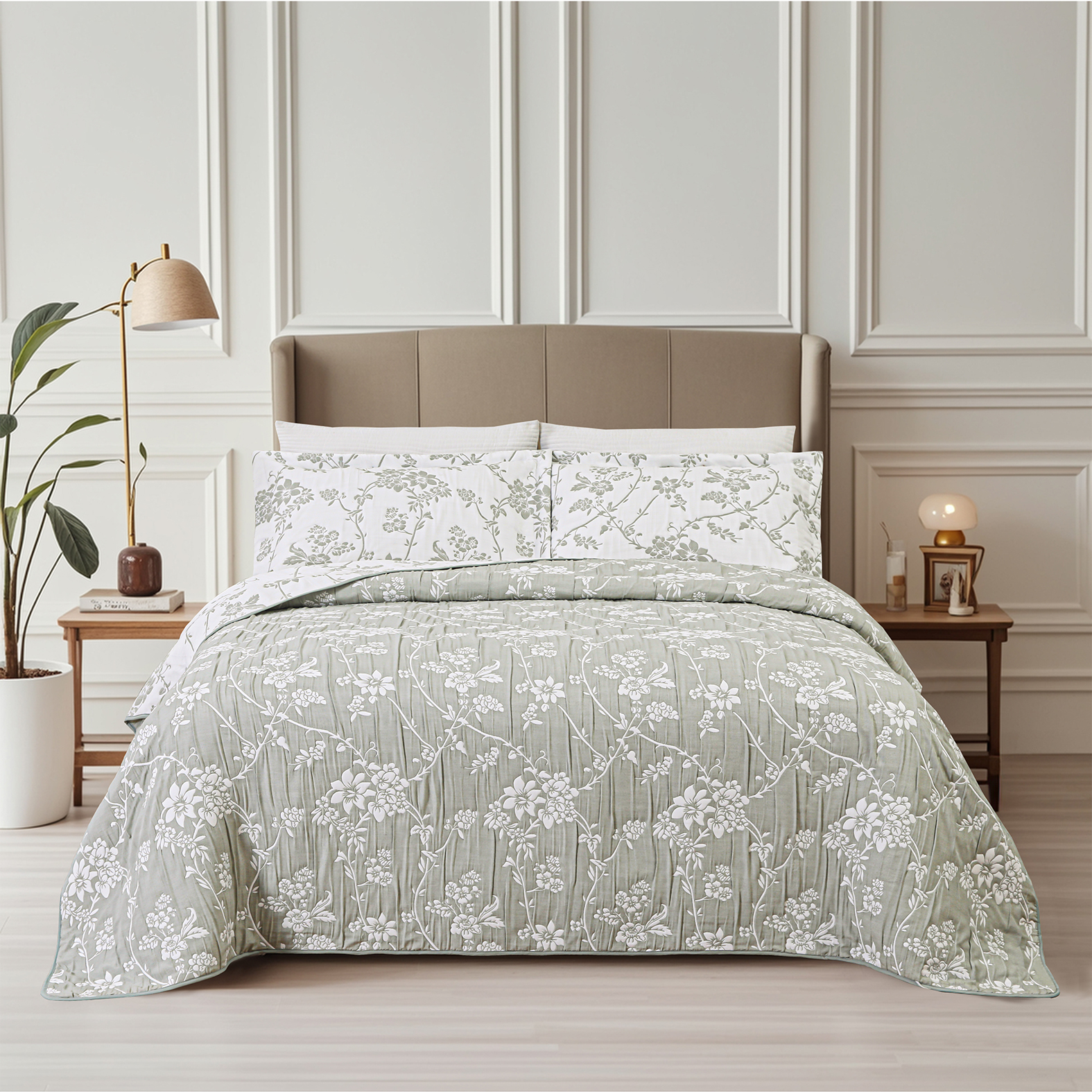 Couvre-lit brodé en jacquard Marina Decoration, parure de lit ultra douce, réversible, avec taies d'oreiller matelassées, motif floral vert