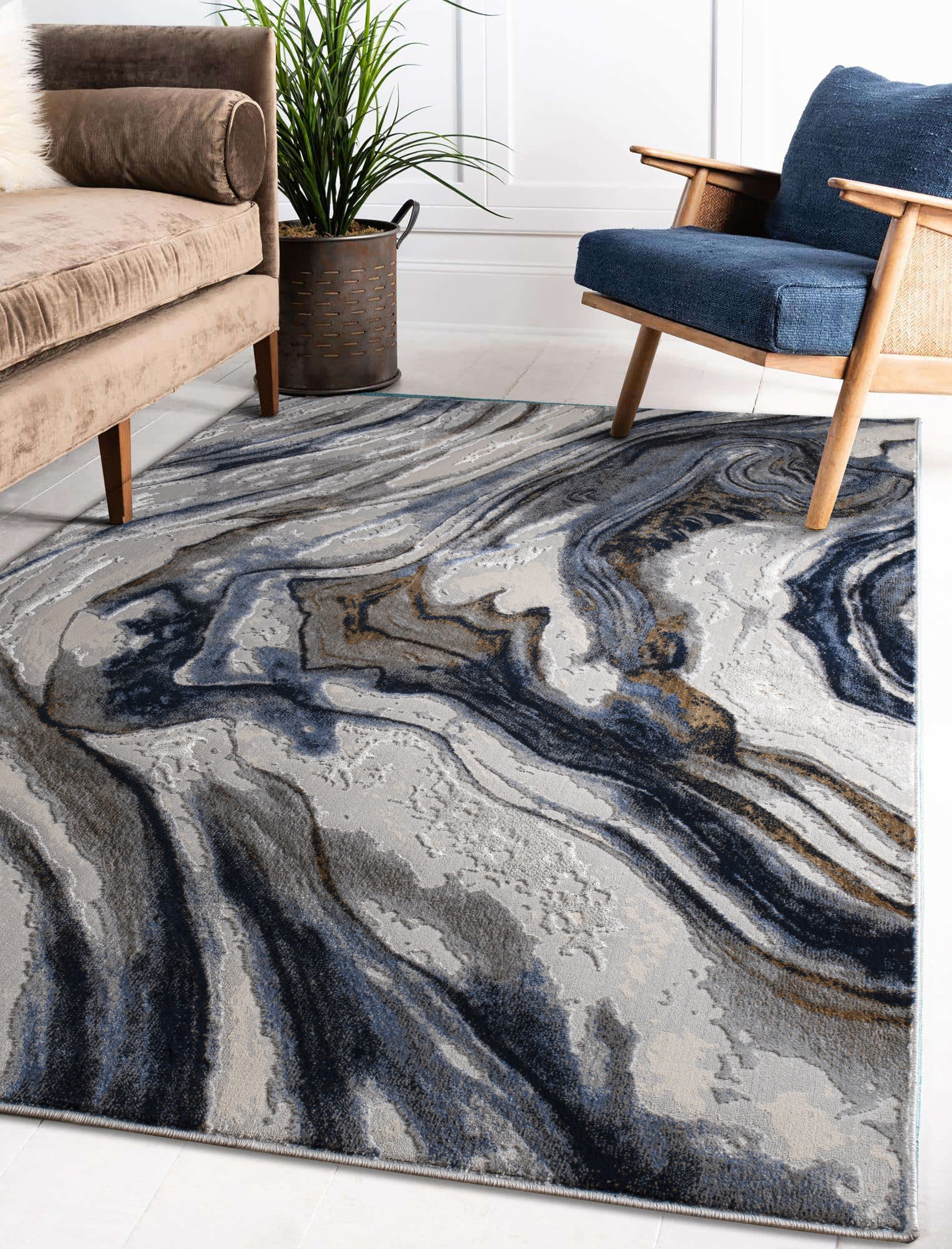 LaDole Rugs 4x6 ft Modern Premium Area Rug | Abstract Small Carpet For Bedroom, Living Room, Kitchen, Entry Way, Indoor Floor Décor | Blue Grey