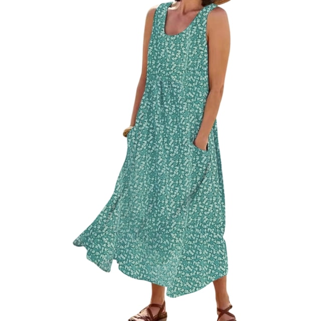 MAWCLOS Robes Évasées pour Femmes Col Rond Été Plage Robe d'Été Sans Manches Longue Robe Maxi Hawaïenne Vacances Imprimé Floral Vert 4TG