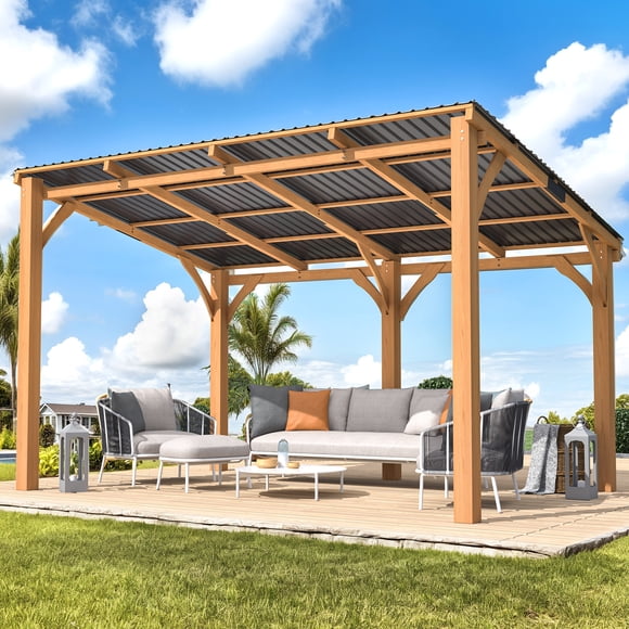 AECOJOY 10' x 14' Wood Gazebo, Outdoor Heavy Duty Wooden Pergola on Clearance, Patio Lean to Hardtop Awnings