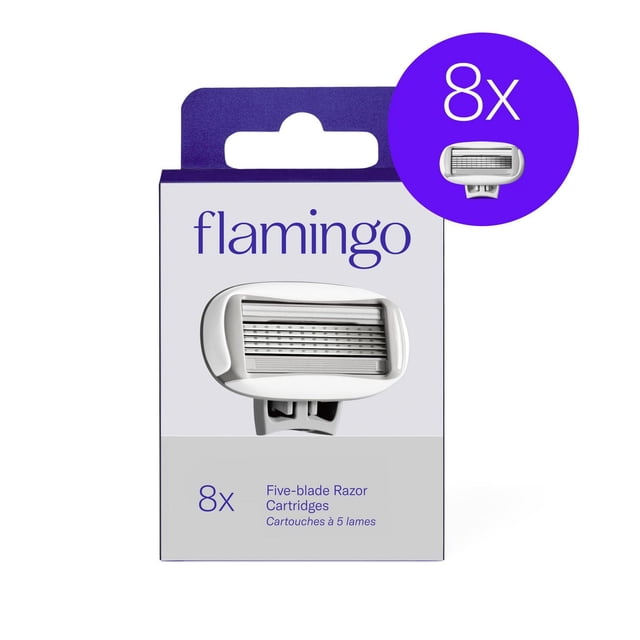 Flamingo Women’s Razor Blades - 8ct box featuring eight five-blade razor cartridges with lubricating bars and flexible hinges designed for smooth, comfortable shaving and easy rinsing.