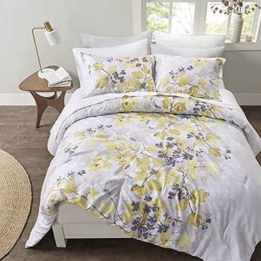 Comfort Spaces Bed in A Bag - Trendy Casual Design Cozy Comforter with Complete Sheet Set with Side Pocket, All Season Cover, Matching Shams, King, Nina, Leaf Yellow/Grey 9 Piece