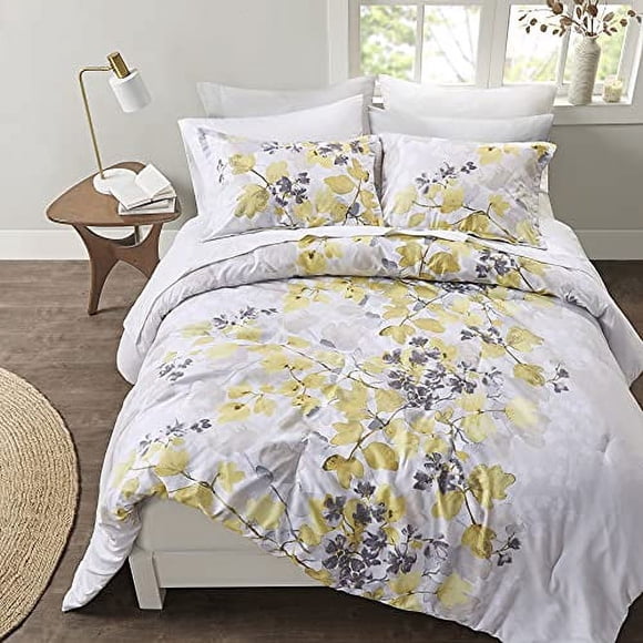 Comfort Spaces Bed in A Bag - Trendy Casual Design Cozy Comforter with Complete Sheet Set with Side Pocket, All Season Cover, Matching Shams, King, Nina, Leaf Yellow/Grey 9 Piece
