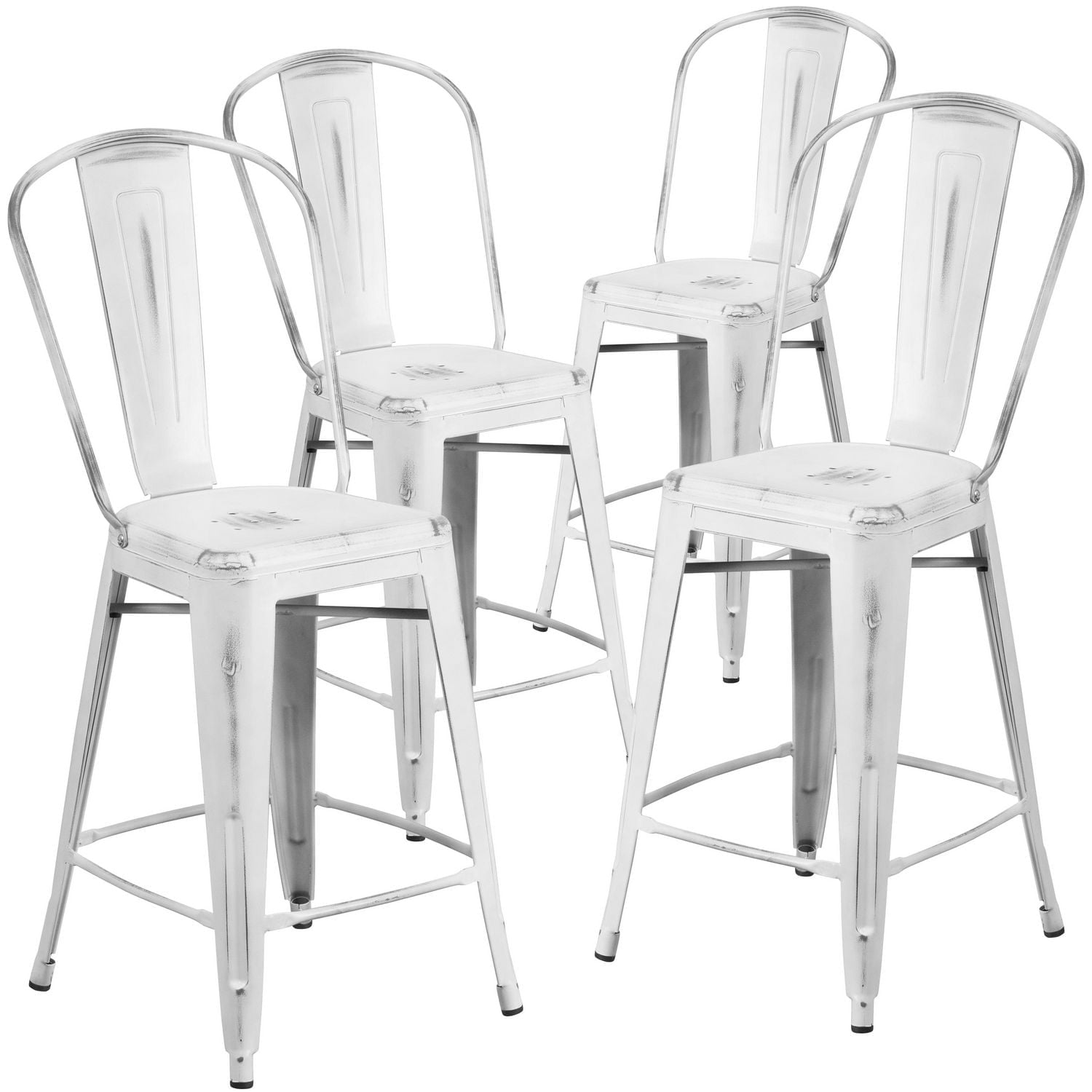 Commercial Grade 4 Pack 24" High Distressed White Metal Indoor-Outdoor Counter Height Stool with Back