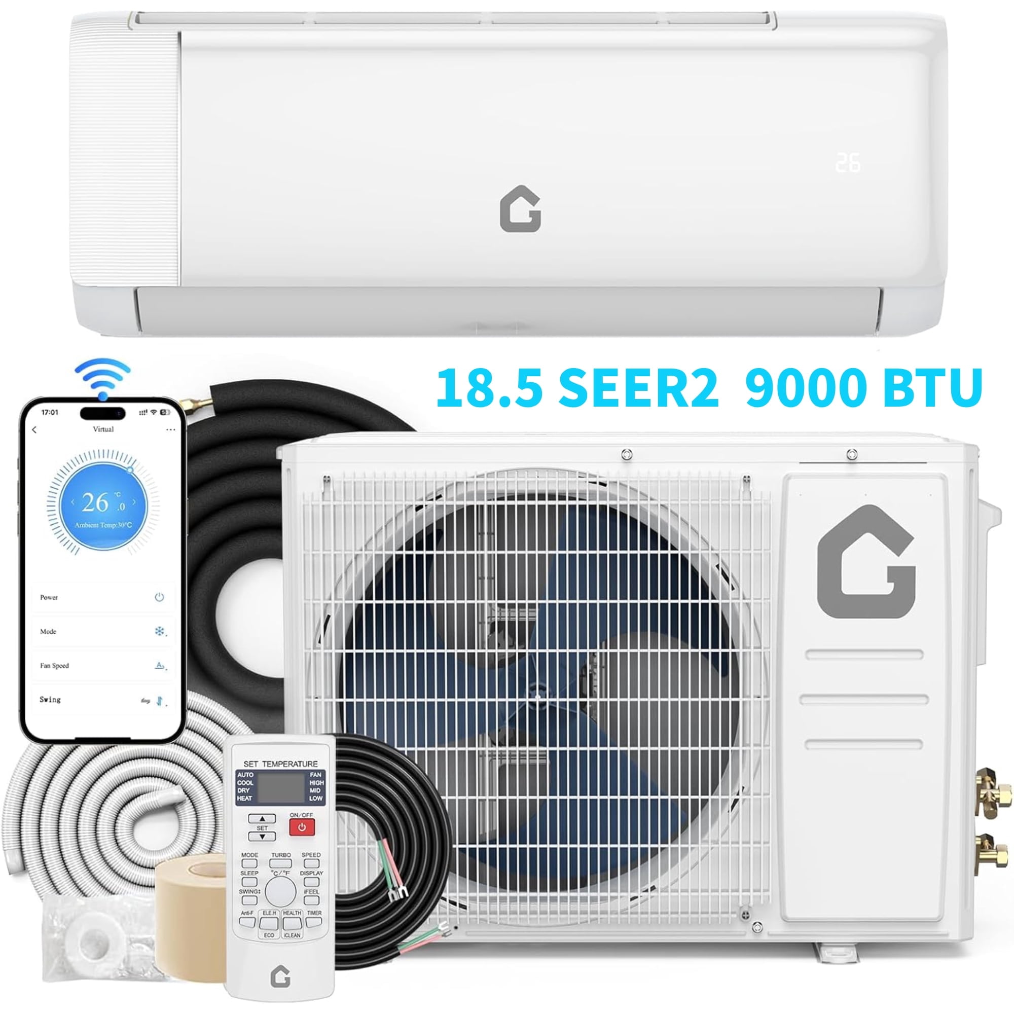 YUSAZENS 9000 BTU WiFi Mini Split Air Conditioner with Heat Pump 18.5 SEER2 Inverter 208-230V Ductless AC Cools Up to 450 Sq Ft White Wall Mounted