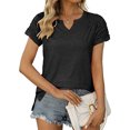 thumbnail image 2 of facefd Summer Pleated Short Sleeve Solid Color Splicing V Neck T-Shirt Casual Basic Tops Female Shirts Daily Tees for Black L, 2 of 8