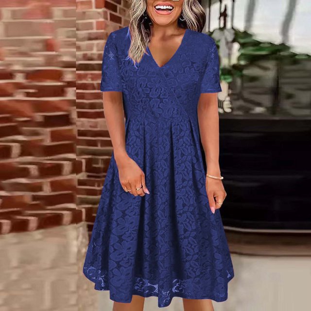 Gspmoly Robe d'Été, Robe à Manches Courtes en Dentelle Unie Décontractée à Col en V pour Femmes Printemps/été, Robes de Cocktail pour Femmes Offres Prime