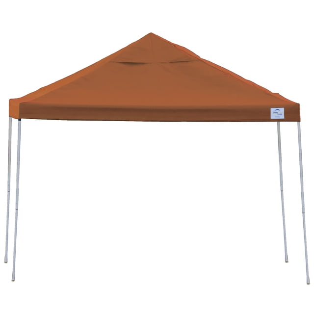 ShelterLogic 10 x 10 x 10 ft Orange Pop-Up Canopy HD with straight legs, featuring a sturdy steel frame with thermoset baked-on powder coating for rust resistance and a water-resistant orange polyester cover with 50+ UPF sun protection, ideal for outdoor shade and events.