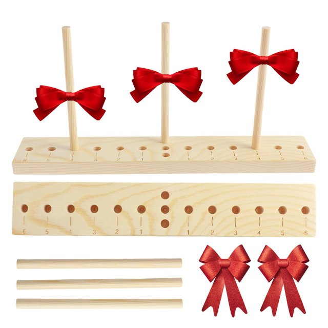 Riforla Bow Making Tool for Ribbon Maker, crafted from beech wood, with adjustable sticks and numbered holes for creating decorative bows. Includes red ribbon examples, perfect for DIY crafts, party supplies, holiday decorations, and gift wrapping.