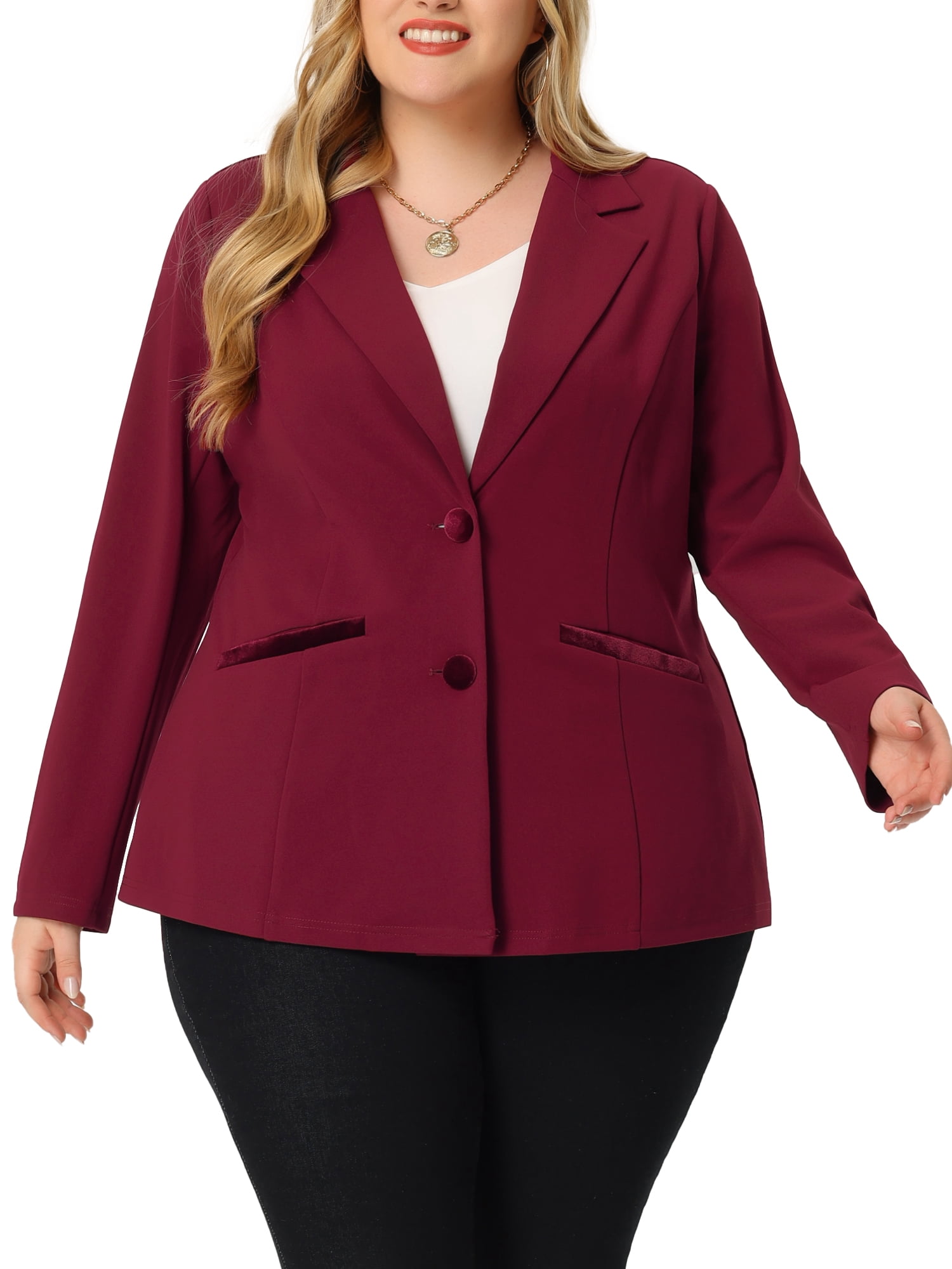 GRACE & GRANDEUR Women's Plus Size Fall Workwear Notched Lapel Button Down Office Blazer 3X Burgundy