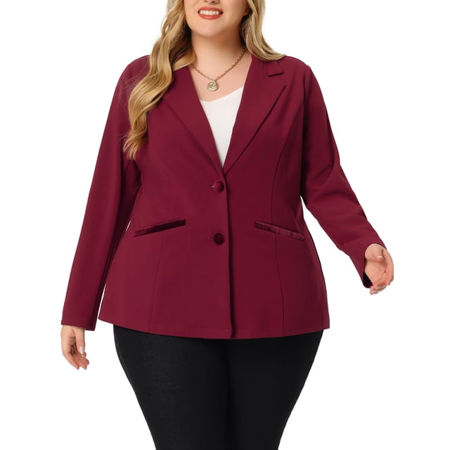 GRACE & GRANDEUR Women's Plus Size Fall Workwear Notched Lapel Button Down Office Blazer in 4X Burgundy. This blazer features a notched lapel, button-down front, and long sleeves. It has front besom pockets and a regular fit, designed for a professional and polished look. Made from 95% polyester and 5% spandex, it offers stretch and comfort. The model is wearing a size 1X and pairs the blazer with black pants and a white top.