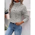thumbnail image 4 of Chandails à Col Roulé pour Femmes, Tricot Torsadé, Manches Longues, Chandail, Haut, Automne Hiver, Décontracté, Uni, Gris, M, 4 of 5