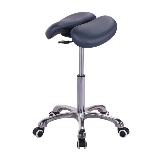 Master Massage Berkeley ergonomic split seat style saddle stool royal blue with adjustable height from 21 to 28 inches, PU leather seat, aluminum five-star base, and nylon wheels, suitable for office, clinic, or salon seating with ergonomic support.