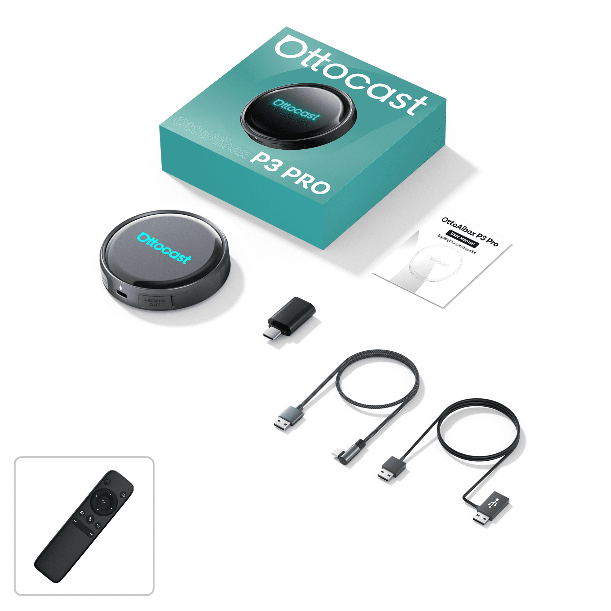 Ottocast P3 Pro AI Box with Bluetooth Remote, CarPlay TV Box for