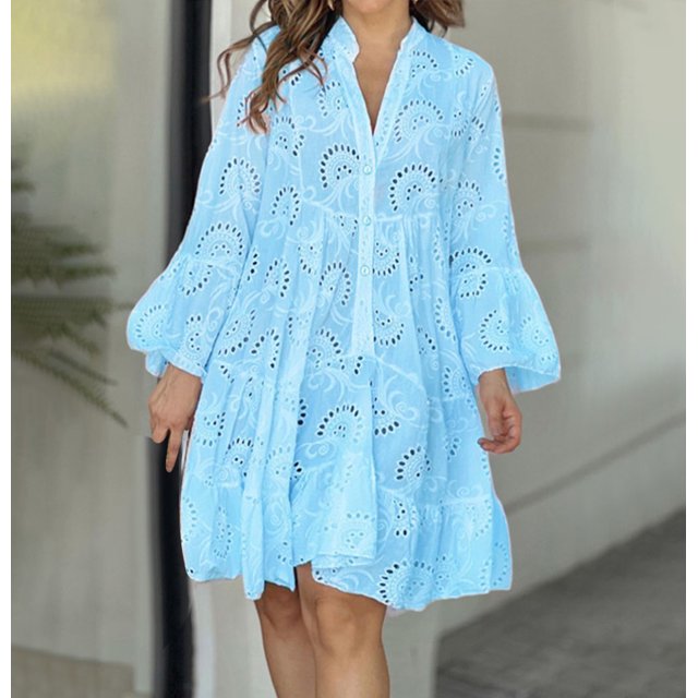 Jienlioq Robe Femme Liquidation Mode Femme Col en V Uni Broderie Patchwork Dentelle Bouton Robe Manches Longues