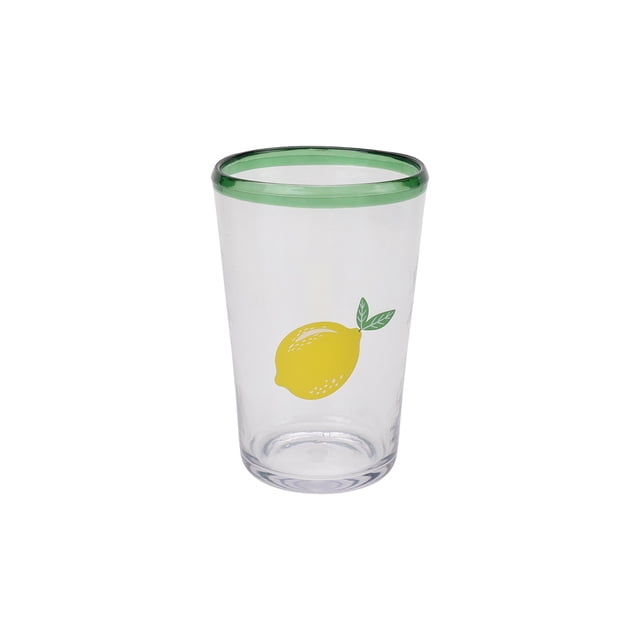Hometrends Lemon Printed Acrylic Tumbler 563mL with a clear acrylic body, green rim, and yellow lemon print with green leaves, durable and lightweight for cold beverages, suitable for outdoor summer use.