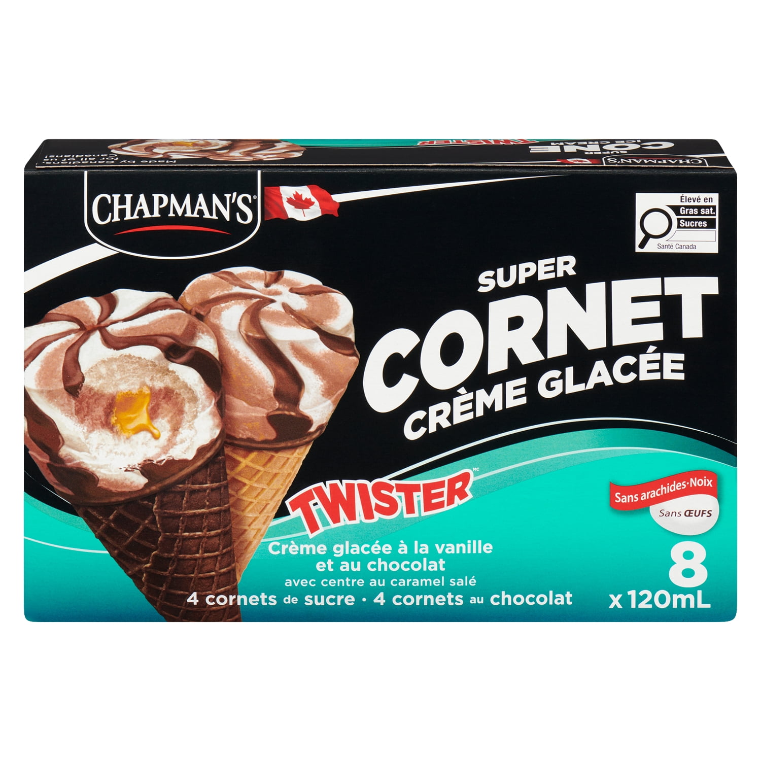 Chapman's Super Cone Twister - Crème glacée à la vanille et au chocolat avec un centre au caramel salé dans une carton CHAP SALTY CAR TWISTER