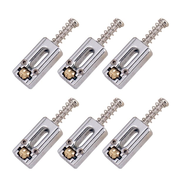 6 Pcs Roller Bridge Tremolo Saddles for Strat TL Electric Guitar in chrome color. Made of durable zinc alloy, these saddles feature a roller design to prevent string breakage, improve tone and sustain, and maintain tuning stability. Each saddle measures 0.87 x 0.41 inches (22.2 x 10.5mm). The set includes six bridge saddles, suitable as replacement parts for electric guitars.