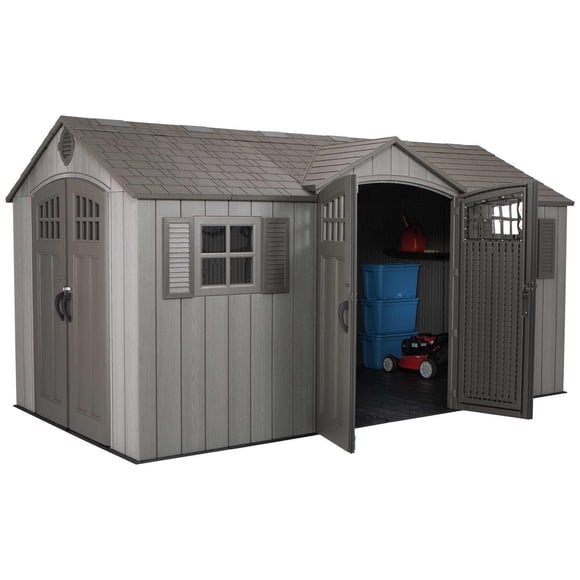Lifetime Outdoor Storage Shed, 15 ft x 8 ft With Dual Side Entry, Dark Grey Roughcut