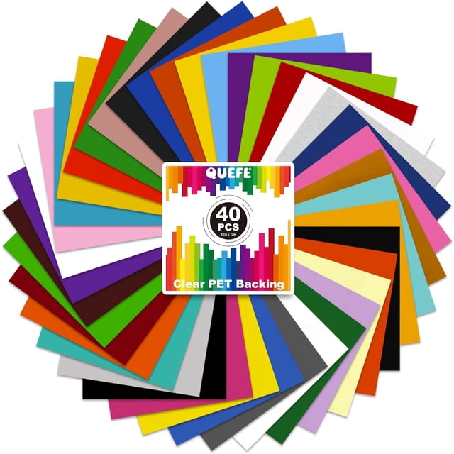 SURJDE Permanent Vinyl for Cricut 40 Packs 12in x 12in Adhesive Vinyl Sheets displayed in a fan-like arrangement, showcasing 38 assorted matte and glossy colours. Includes clear PET backing for easy cutting and weeding, suitable for crafting, scrapbooking, car decals, and other DIY projects.