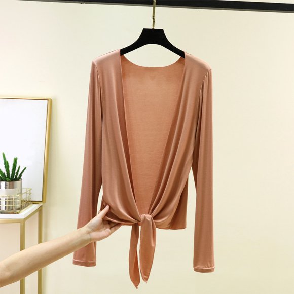 Uootdi Tie Front Cardigans Women Solid Color Long Sleeve Open Front Casual Loose Lightweight Soft Comfy Cover Ups Gift