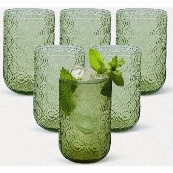 AMERTEER Green Vintage Drinking Glasses Set of 6 14oz hobnail drinking glasses Glassware Embossed Green Water Tumbler for Beer Juice Cocktail Whiskey Milk