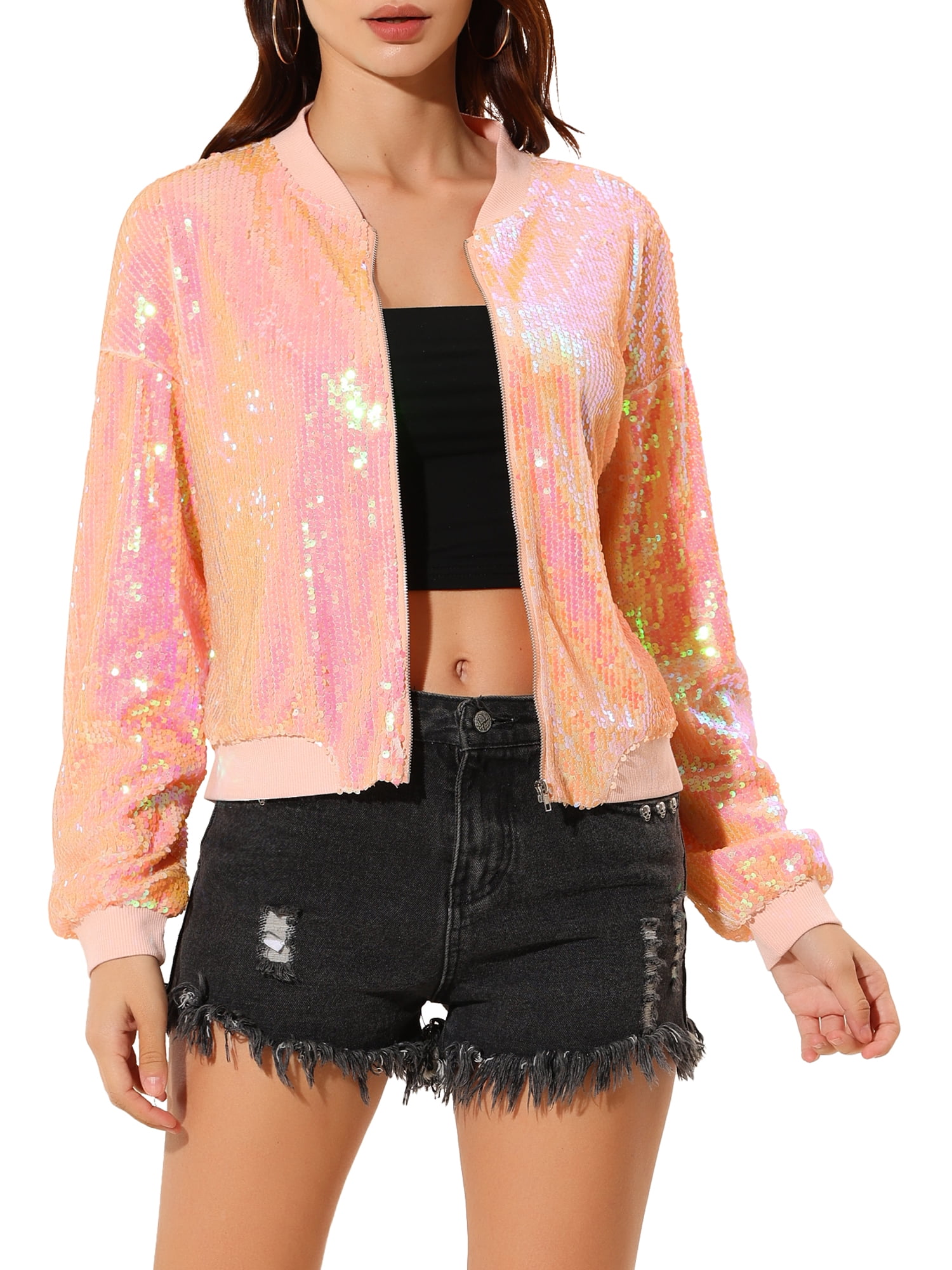 INSPIRE CHIC Women's Sequin Jacket Zipper Closure Hidden Pockets Bomber Jacket Pink M