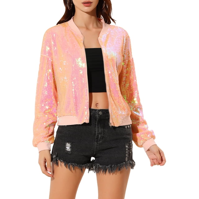 INSPIRE CHIC Women's Sequin Jacket Zipper Closure Hidden Pockets Bomber Jacket L Pink