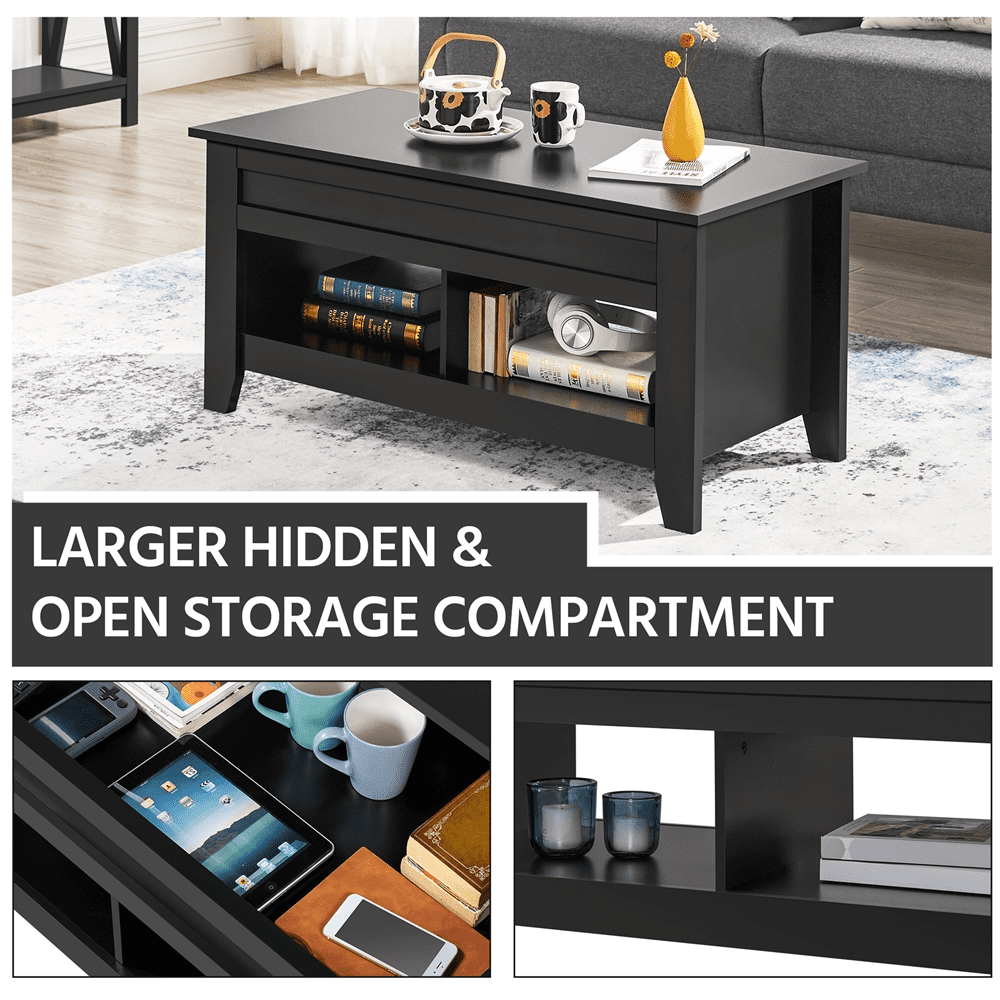 FullFurnique 41" Lift Top Coffee Table with Hidden Compartment & 2 Open Shelves