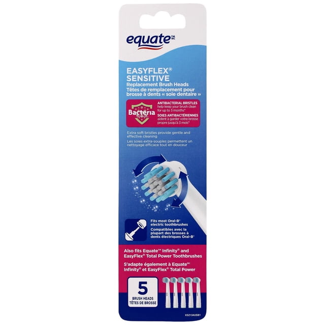 Equate™ Sensitive Easy Flex® Replacement Brush Heads pack with five extra soft brush heads featuring antibacterial bristles for gentle cleaning of sensitive teeth and gums, compatible with most Oral-B electric toothbrushes and Equate Infinity rechargeable models, with green Replace-Me® bristles that fade to signal replacement.