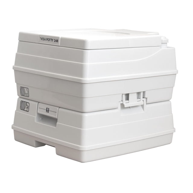 Visa Portable Toilet 18 Litre in grey plastic with a compact two-section design, flush control knobs, secure latch, 18-litre holding tank, and 14-litre water reservoir, suitable for camping and outdoor use.