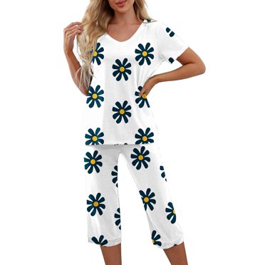 EQWLJWE Économies d'Été! Ensembles de Pyjama Capri pour Femmes à Manches Courtes, Pyjamas Décontractés d'Été 2 Pcs pour Femmes, Ensembles de Vêtements de Détente Floraux pour Femmes Hauts à Col en V & Pantalons Capri Vêtements de Nuit d'Été Ensembles de Tenues de Yoga