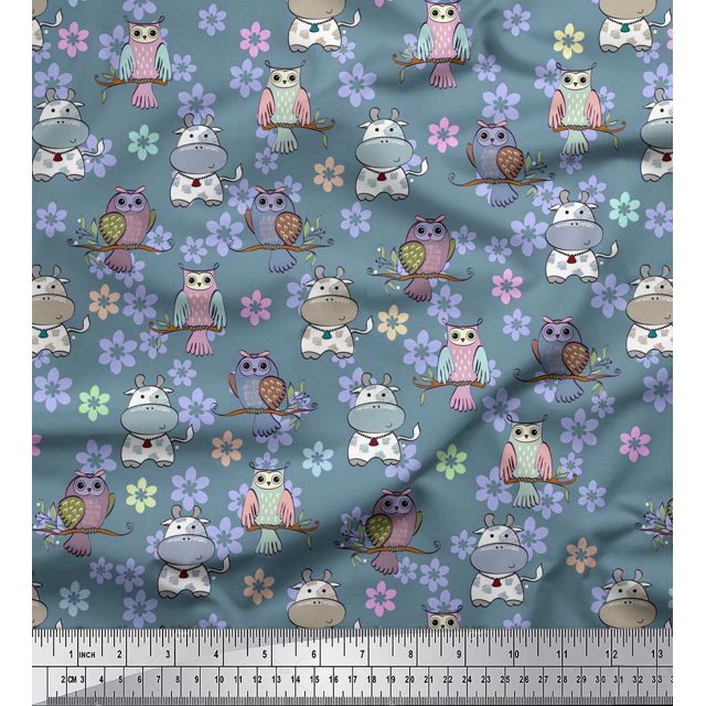 Soimoi Modal Satin Fabric Floral,Owl & Cow Cartoon Print Fabric by Yard 42 Inch Wide