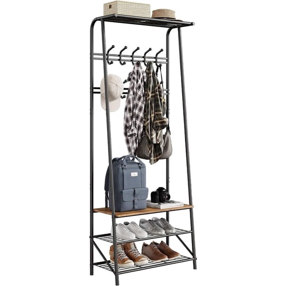 Portemanteau de Couloir avec Banc à Chaussures Inférieur à 3 Niveaux, Arbre d'Entrée en Métal Autoportant Porte-Vêtements Étagère de Rangement Arbres d'Entrée 4-en-1 Banc à Chaussures avec 2 Rangées-10 Crochets