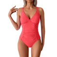 thumbnail image 2 of UPPADA Women's V-Neck One Piece Swimsuit Ruched Tummy Control Bathing Suit One Piece Cute Solid Color Swimsuit Casual Basic Shoulder Straps Swimwear Clearance Red,M, 2 of 8