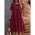 thumbnail image 4 of Robe T-Shirt d'Été en Coton et Lin pour Femmes, Décontractée, Coupe Ample, Col Rond, Manches Courtes, Longueur Midi, avec Poches, Rouge Vin, m, 4 of 7