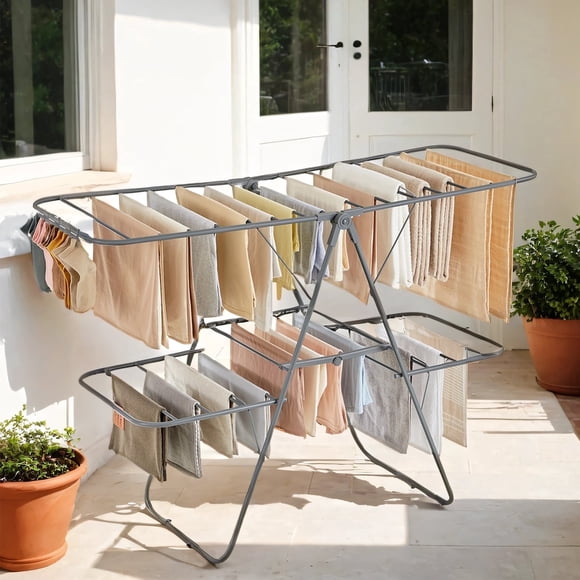 LEDREM 2-Tier Clothes Drying Rack, Foldable with 4 Adjustable Wings, 33 Rails, 27 Sock Clips, Free-Standing for Indoor/Outdoor Use, Grey