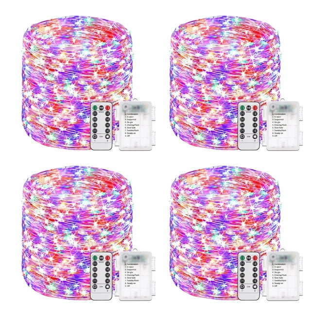 NITIDSKY Guirlande Lumineuse de Noël à 100 DEL à Piles avec Télécommande, Multicolore, Lot de 4. Ces Guirlande Lumineuses Écoénergétiques Comprennent 100 DEL Multicolores Brillantes sur un Fil Argenté de 32 Pieds, Alimentées par 3 Piles AA. Inclut une Télécommande pour une Utilisation Facile. Parfait pour l'Éclairage des Fêtes, la Déco de Chambre Ou des accents Extérieurs comme les patios, les Rampes d'Escalier et les Arbres. Conception Imperméable Assure la Durabilité dans Divers Contextes.