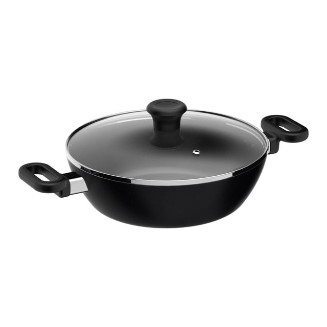 Maharaja Karahi Antiadhésif avec Couvercle 26 Cm/ 3,4 Qt. Karahi Orienté vers l'Avant avec Côtés Évasés et Couvercle en Verre Ventilé; Intérieur Antiadhésif Foncé, Poignée en Bakélite Noire Rivetée, base Plate à Chaleur Uniforme compatible avec Toutes les Surfaces de Cuisson sauf l'Induction, Extérieur Poli sur une surface de Cuisine Neutre. Idéal pour Mijoter des Currys et Frire Peu Profondément; Utilisé Souvent pour le Service sur la table.