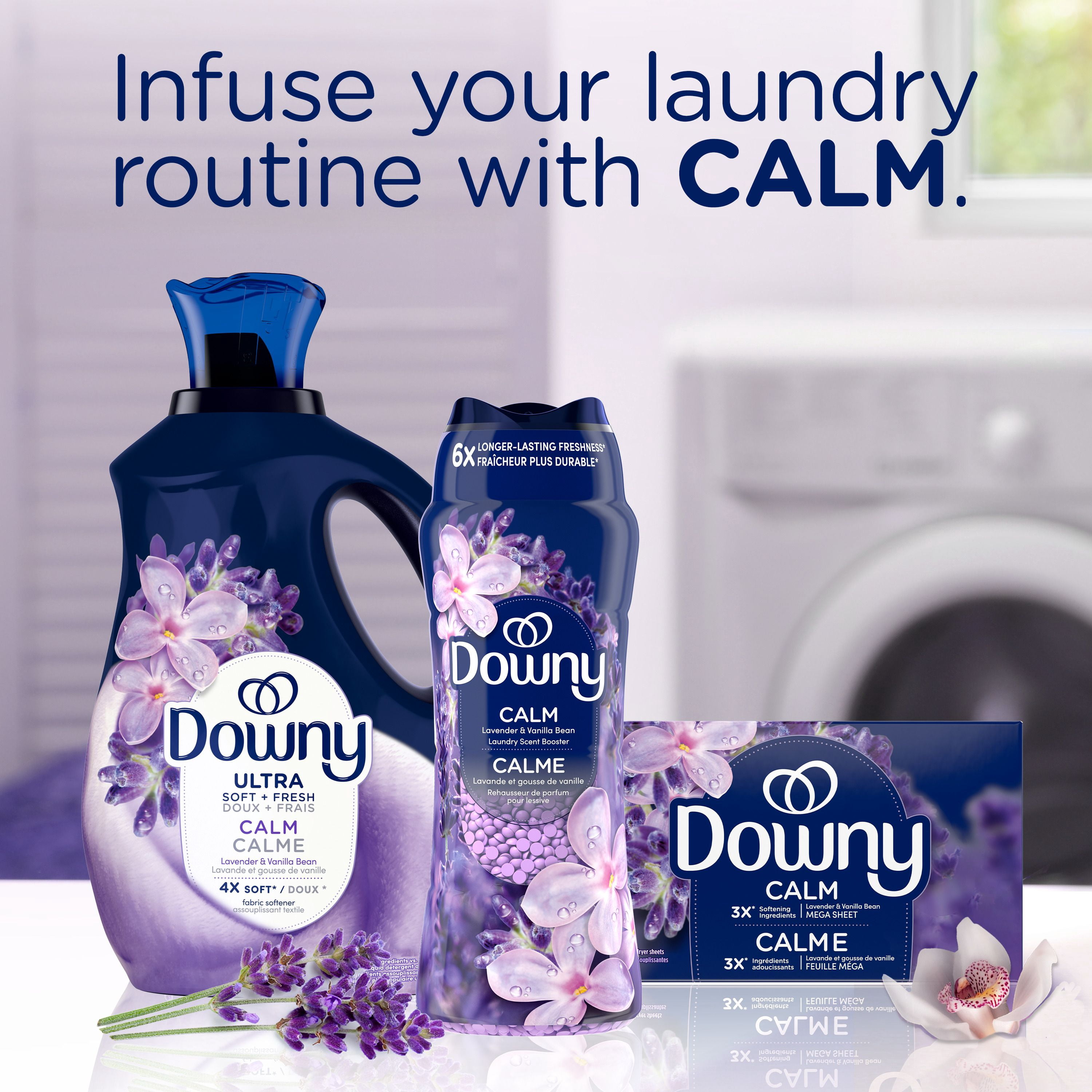 Downy Calme, Feuilles Assouplissantes Méga pour Sécheuse, Assouplissant pour la Lessive, Lavande et Gousse de Vanille 120CT