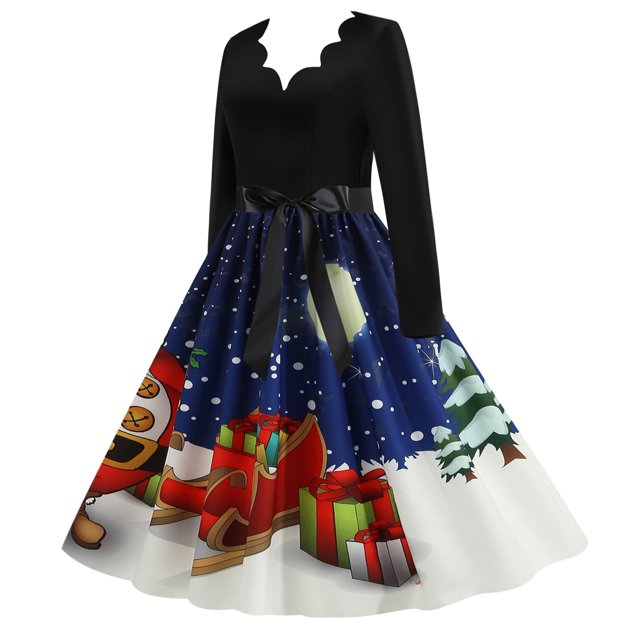 Fridja Robe Vintage Automne Hiver Manches Longues Col en V Années 1950 Femme au Foyer Soirée Bal
