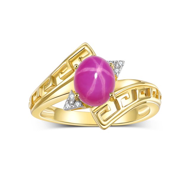 RYLOS Rings for Women 14K Yellow Gold Greek Key Designer Ring 9X7MM Gemstone & Diamond Ring July Star Ruby Jewelry Size 10