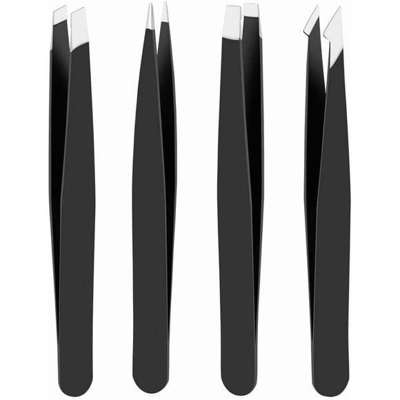 4-Pack Care Professional Stainless Steel Tweezers Set – for Ingrown Hair, Facial Splinter, Blackhead and Tick Remover Slant-Tip in Eyebrows Hair Brow Shaping Plucker