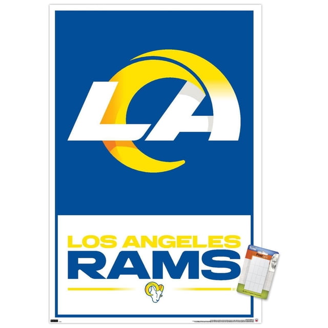 NFL Los Angeles Rams - Logo 21 Affiche Murale, 22,375 Pouces x 34 Pouces Encadrée, Affichant une Vue Centrée de l'Avant du Logo des Rams avec un Grand Corne de Bélier Stylisée Jaune et Blanche sur un Fond Bleu au-Dessus d'Un Texte Audacieux Jaune et Bleu Lisant « Los Angeles Rams » avec une Petite Icône de Tête de Bélier en Dessous, Encadrée en Blanc avec un Accroche-Dents pour un Montage Mural Facile, Convient