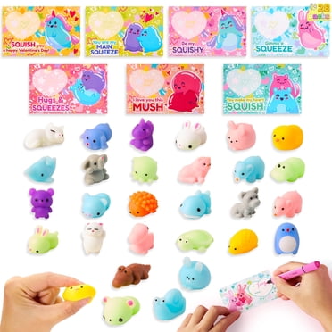 Joyfy Lot de 28 Cartes de la Saint-Valentin avec Ensemble de Jouets Mochi Squishy, Jouets Anti-Stress à Presser en Forme d'Animaux Mignons pour Enfants, Cartes d'Échange pour Classe Scolaire de la Saint-Valentin, Cadeaux de Fête de la Saint-Valentin