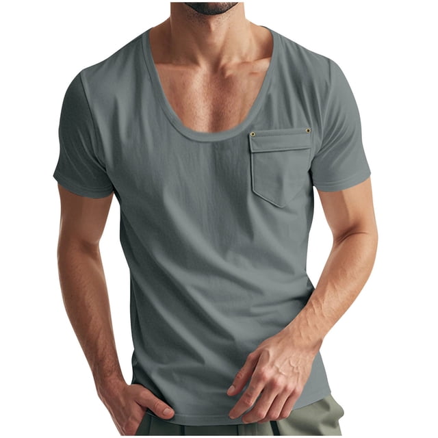 Plebaso T-Shirts pour Hommes avec Poche Col Ras du Cou Manches Courtes T-Shirt Décontracté Manches Courtes T-Shirts Unis Respirants