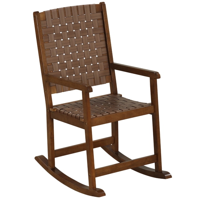 Gymax Rocking Chair with PU Seat & Rubber Wood Frame featuring a brown woven PU leather seat and backrest, supported by a sturdy rubber wood frame. The chair offers a 15° gentle rocking motion and is suitable for indoor and outdoor use, such as living rooms, balconies, and backyards. Dimensions are 31.5'' x 22'' x 42'' (L x W x H) with a seat height of 20'' and a weight capacity of 220 lbs.